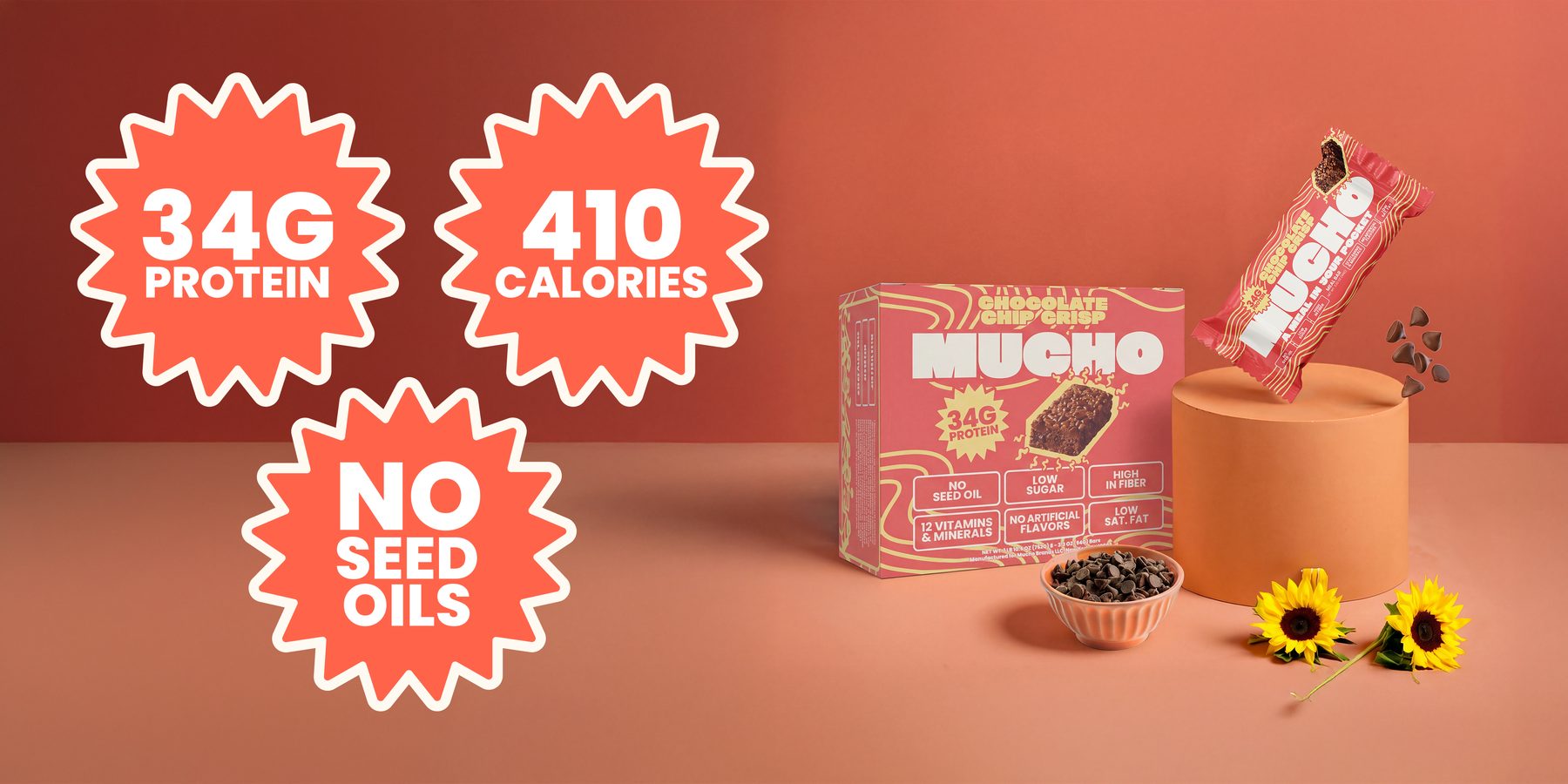 Mucho bar with 34g of protein, 410 calories and no seed oils