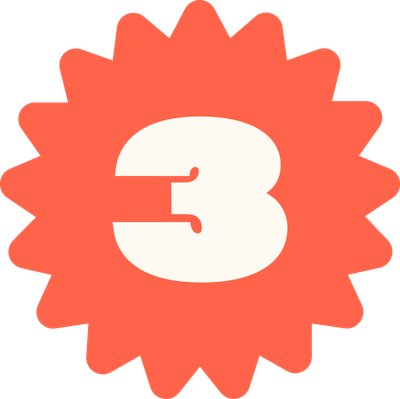 A stylized, orange starburst with the number 3 in the center.