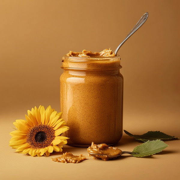 A jar of sunflower butter with a spoon and a sunflower on a beige background.