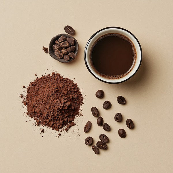 Cup of coffee, cocoa powder, chocolate, and coffee beans on a beige background.